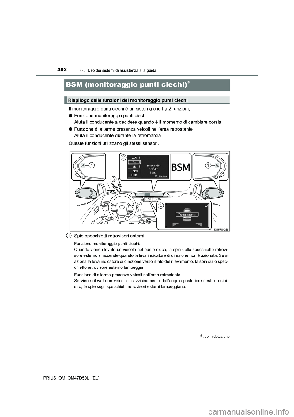 TOYOTA PRIUS 2019  Manuale duso (in Italian) 4024-5. Uso dei sistemi di assistenza alla guida
PRIUS_OM_OM47D50L_(EL)
BSM (monitoraggio punti ciechi)
Il monitoraggio punti ciechi è un sistema che ha 2 funzioni;
●Funzione monitoraggio punti 