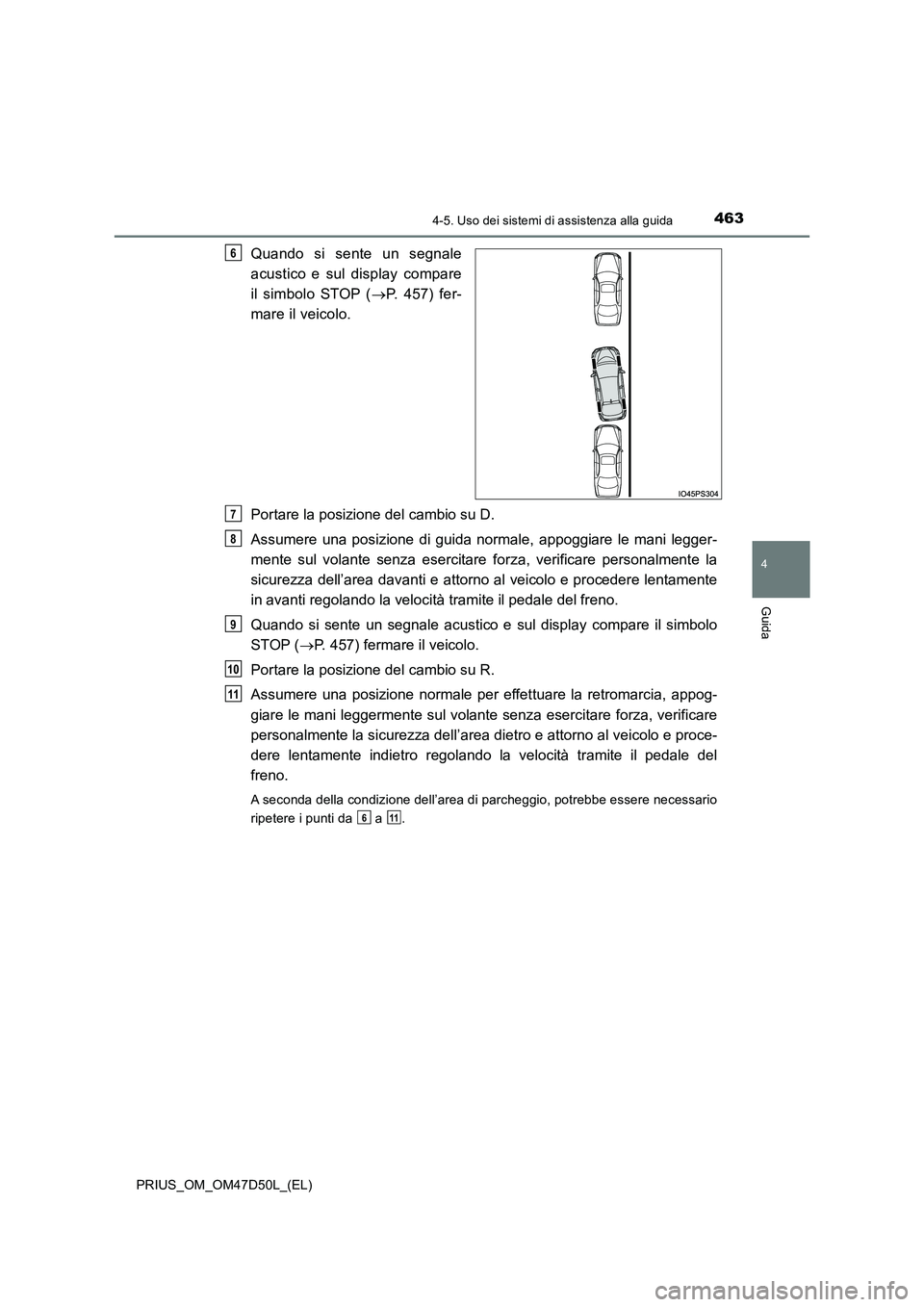 TOYOTA PRIUS 2019  Manuale duso (in Italian) 4634-5. Uso dei sistemi di assistenza alla guida
4
Guida
PRIUS_OM_OM47D50L_(EL)
Quando si sente un segnale 
acustico e sul display compare 
il simbolo STOP ( P. 457) fer- 
mare il veicolo. 
Portare