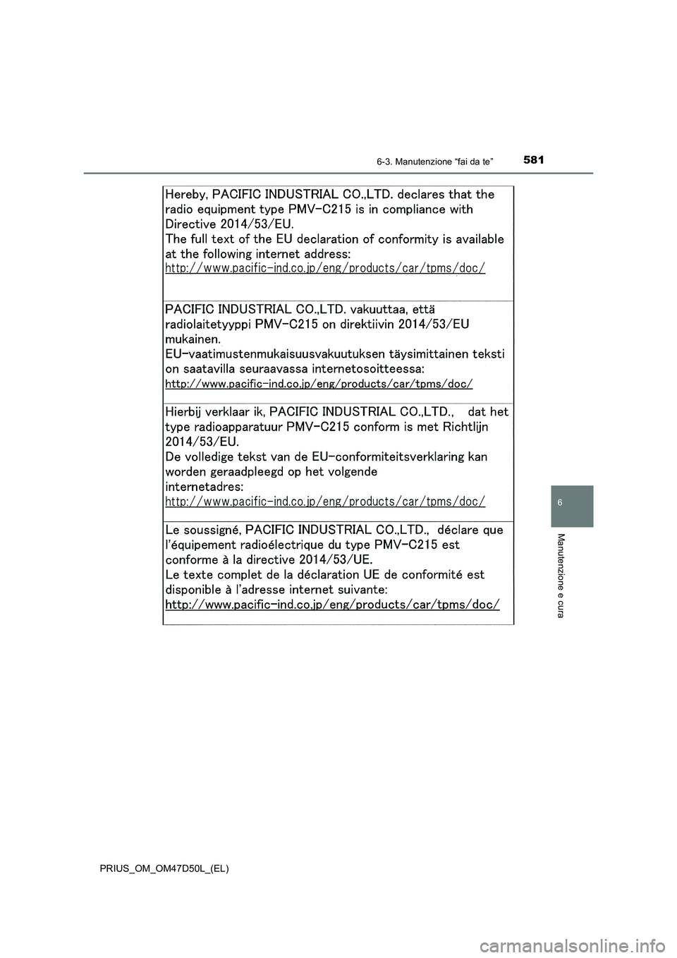 TOYOTA PRIUS 2019  Manuale duso (in Italian) 5816-3. Manutenzione “fai da te”
PRIUS_OM_OM47D50L_(EL)
6
Manutenzione e cura 