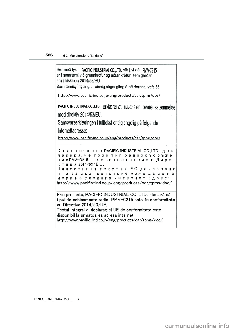 TOYOTA PRIUS 2019  Manuale duso (in Italian) 5866-3. Manutenzione “fai da te”
PRIUS_OM_OM47D50L_(EL) 