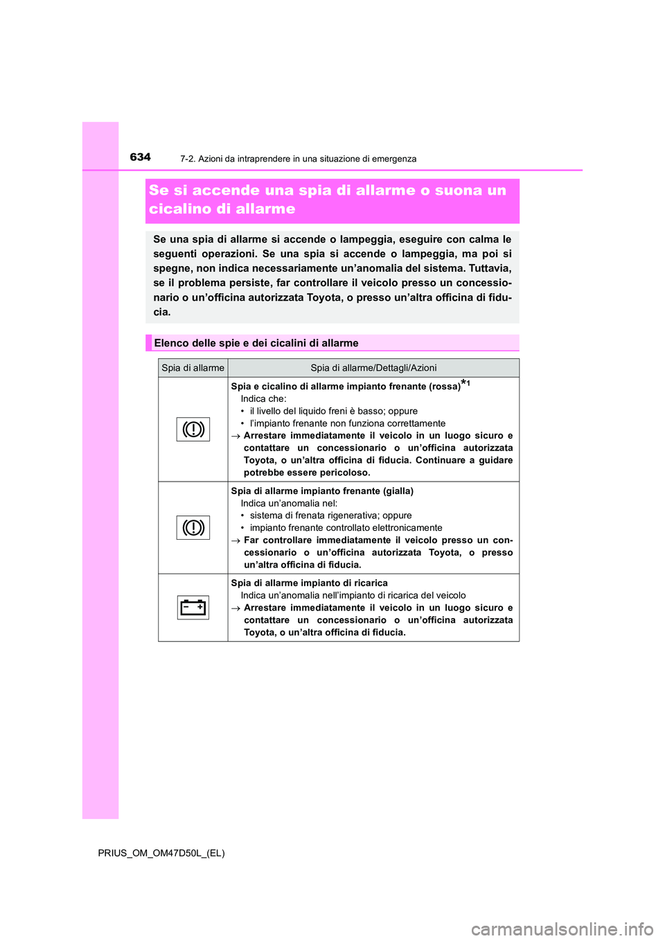 TOYOTA PRIUS 2019  Manuale duso (in Italian) 6347-2. Azioni da intraprendere in una situazione di emergenza
PRIUS_OM_OM47D50L_(EL)
Se si accende una spia di allarme o suona un  
cicalino di allarme
Se una spia di allarme si accende o lampeggia, 