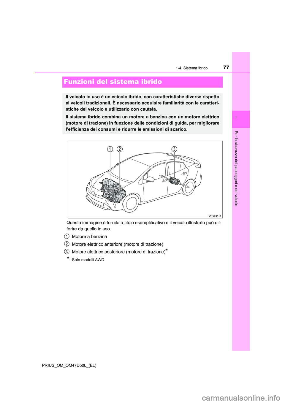TOYOTA PRIUS 2019  Manuale duso (in Italian) 77
1
1-4. Sistema ibrido
PRIUS_OM_OM47D50L_(EL)
Per la sicurezza dei passeggeri e del veicolo
Funzioni del sistema ibrido
Questa immagine è fornita a titolo esemplificativo e il veicolo illustrato pu