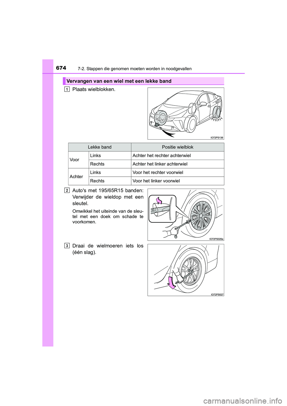 TOYOTA PRIUS 2019  Instructieboekje (in Dutch) 6747-2. Stappen die genomen moeten worden in noodgevallen
PRIUS_OM_OM47C37E_(EE)
Plaats wielblokken.
Auto's  met  195/65R15  banden:
Verwijder  de  wieldop  met  een
sleutel.
Omwikkel het uiteinde