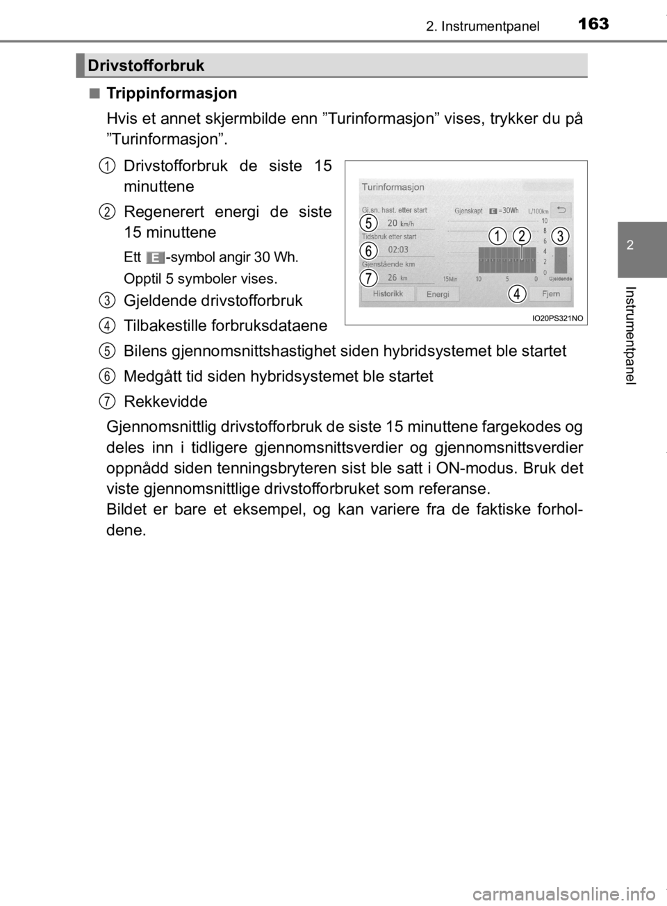 TOYOTA PRIUS 2019  Instruksjoner for bruk (in Norwegian) 1632. Instrumentpanel
2
Instrumentpanel
OM47D46NOn
Trippinformasjon
Hvis et annet skjermbilde enn ”Turinformasjon” vises, trykker du på
”Turinformasjon”.
Drivstofforbruk de siste 15
minuttene