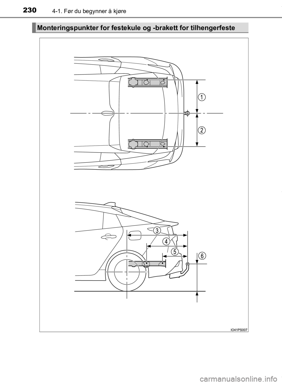 TOYOTA PRIUS 2019  Instruksjoner for bruk (in Norwegian) 2304-1. Før du begynner å kjøre
OM47D46NO
Monteringspunkter for festekule og -brakett for tilhengerfeste
OM47D46NO.book  Page 230  Tuesday, August 27, 2019  12:55 PM 