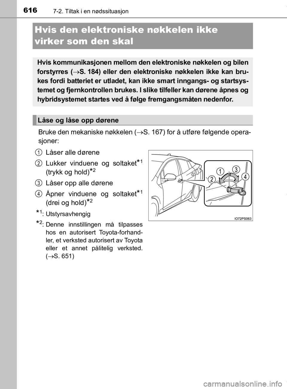 TOYOTA PRIUS 2019  Instruksjoner for bruk (in Norwegian) 6167-2. Tiltak i en nødssituasjon
OM47D46NO
Hvis den elektroniske nøkkelen ikke
virker som den skal
Bruke den mekaniske nøkkelen (S. 167) for å utføre følgende opera-
sjoner:
Låser alle dør