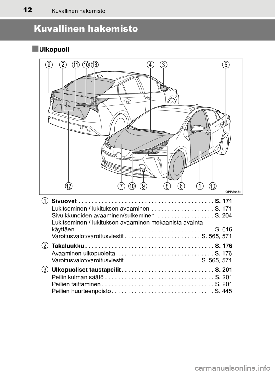 TOYOTA PRIUS 2019 Omistajan Käsikirja (in Finnish) 12Kuvallinen hakemisto
OM47D46FI
Kuvallinen hakemisto
n
Ulkopuoli
Sivuovet . . . . . . . . . . . . . . . . . . . . . . . . . . . . . . . . . . . . . . . . . S. 171
Lukitseminen / lukituksen avaaminen TOYOTA PRIUS 2019 Omistajan Käsikirja (in Finnish) 12Kuvallinen hakemisto
OM47D46FI
Kuvallinen hakemisto
n
Ulkopuoli
Sivuovet . . . . . . . . . . . . . . . . . . . . . . . . . . . . . . . . . . . . . . . . . S. 171
Lukitseminen / lukituksen avaaminen