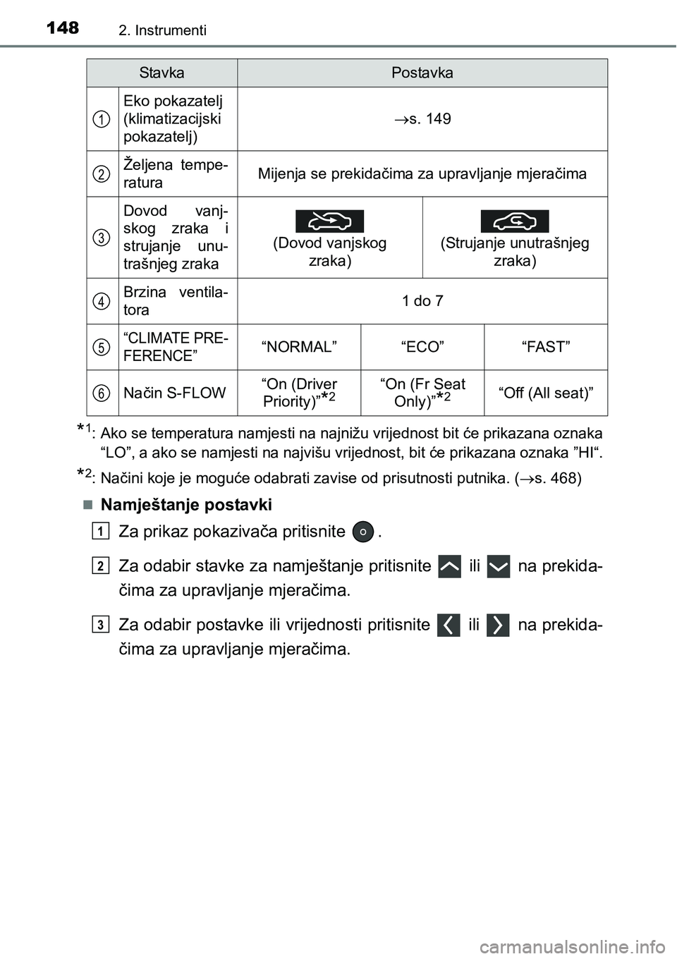 TOYOTA PRIUS 2017  Upute Za Rukovanje (in Croatian) 1482. Instrumenti
*1: Ako se temperatura namjesti na najnižu vrijednost bit će prikazana oznaka
“LO”, a ako se namjesti na najvišu vrijednost, bit će prikazana oznaka ”HI“.
*2:Načini koje