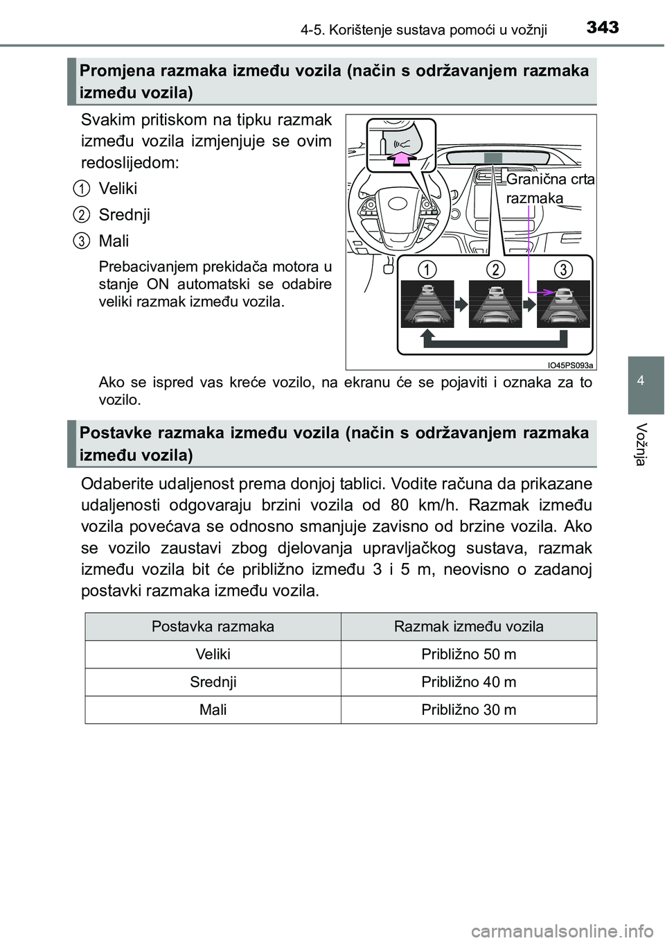 TOYOTA PRIUS 2017  Upute Za Rukovanje (in Croatian) 3434-5. Korištenje sustava pomoći u vožnji
4
Vožnja
Svakim pritiskom na tipku razmak
između vozila izmjenjuje se ovim
redoslijedom:
Ve l i k i
Srednji
Mali
Prebacivanjem prekidača motora u
stanj