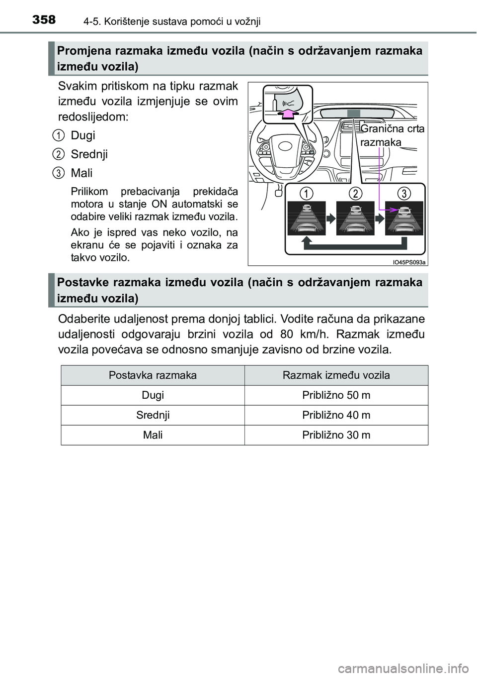 TOYOTA PRIUS 2017  Upute Za Rukovanje (in Croatian) 3584-5. Korištenje sustava pomoći u vožnji
Svakim pritiskom na tipku razmak
između vozila izmjenjuje se ovim
redoslijedom:
Dugi
Srednji
Mali
Prilikom prebacivanja prekidača
motora u stanje ON aut