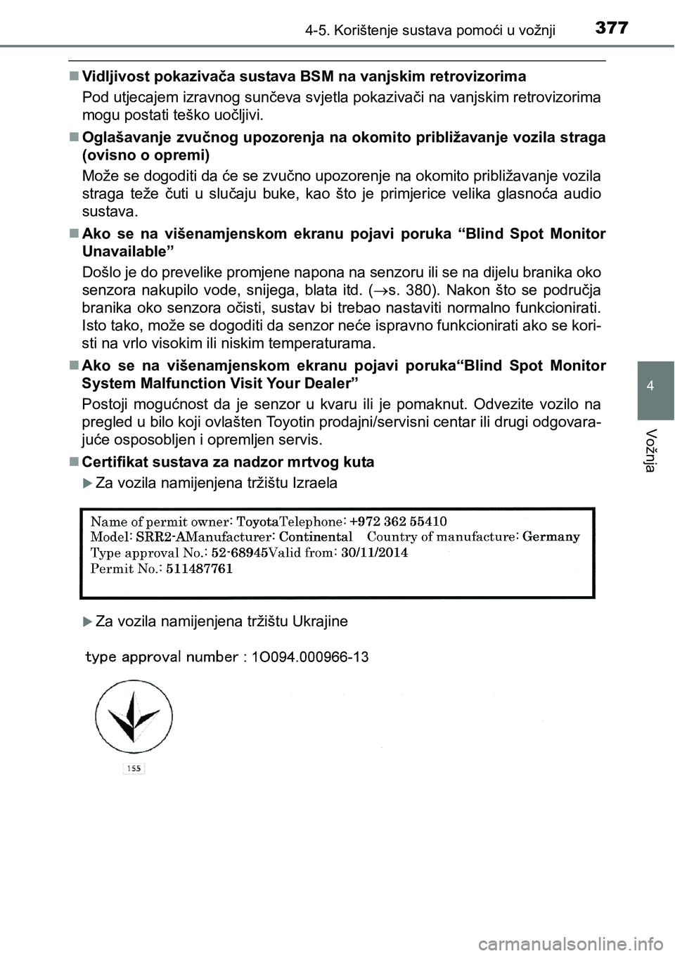 TOYOTA PRIUS 2017  Upute Za Rukovanje (in Croatian) 3774-5. Korištenje sustava pomoći u vožnji
4
Vožnja
Vidljivost pokazivača sustava BSM na vanjskim retrovizorima
Pod utjecajem izravnog sunčeva svjetla pokazivači na vanjskim retrovizorima
mo