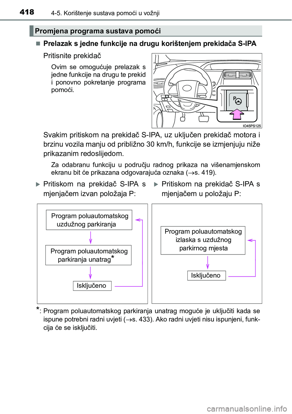 TOYOTA PRIUS 2017  Upute Za Rukovanje (in Croatian) 4184-5. Korištenje sustava pomoći u vožnji
Prelazak s jedne funkcije na drugu korištenjem prekidača S-IPA
Pritisnite prekidač
Ovim se omogućuje prelazak s
jedne funkcije na drugu te prekid
i