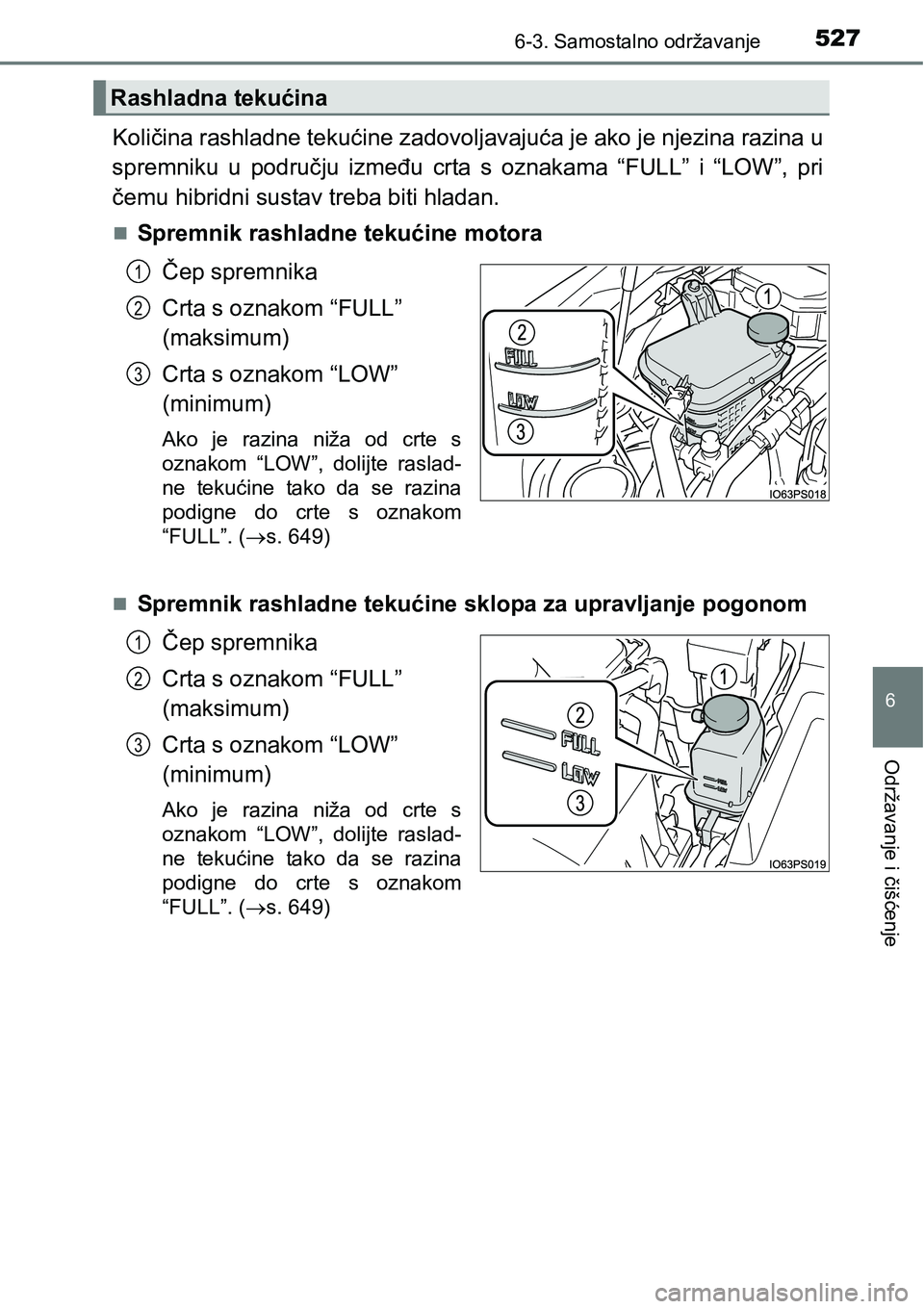 TOYOTA PRIUS 2017  Upute Za Rukovanje (in Croatian) 5276-3. Samostalno održavanje
6
Održavanje i čišćenje
Količina rashladne tekućine zadovoljavajuća je ako je njezina razina u
spremniku u području između crta s oznakama “FULL” i “LOW