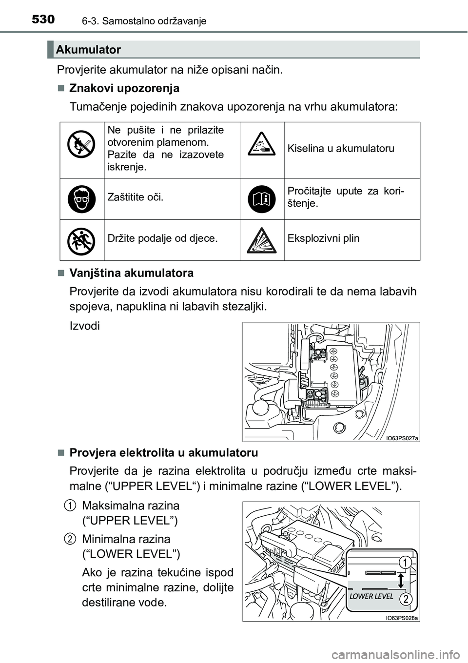 TOYOTA PRIUS 2017  Upute Za Rukovanje (in Croatian) 5306-3. Samostalno održavanje
Provjerite akumulator na niže opisani način.
Znakovi upozorenja
Tumačenje pojedinih znakova upozorenja na vrhu akumulatora:
Vanjština akumulatora
Provjerite da