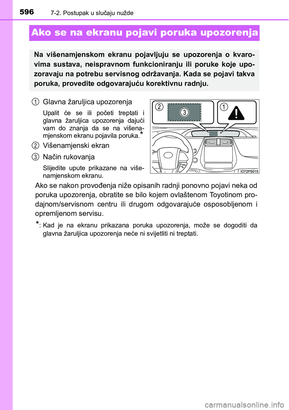 TOYOTA PRIUS 2017  Upute Za Rukovanje (in Croatian) 5967-2. Postupak u slučaju nužde
Ako se na ekranu pojavi poruka upozorenja
Glavna žaruljica upozorenja
Upalit će se ili početi treptati i
glavna žaruljica upozorenja dajući
vam do znanja da se 