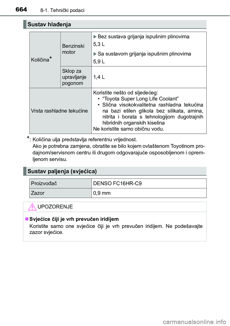 TOYOTA PRIUS 2017  Upute Za Rukovanje (in Croatian) 6648-1. Tehnički podaci
*:Količina ulja predstavlja referentnu vrijednost.
Ako je potrebna zamjena, obratite se bilo kojem ovlaštenom Toyotinom pro-
dajnom/servisnom centru ili drugom odgovarajuće