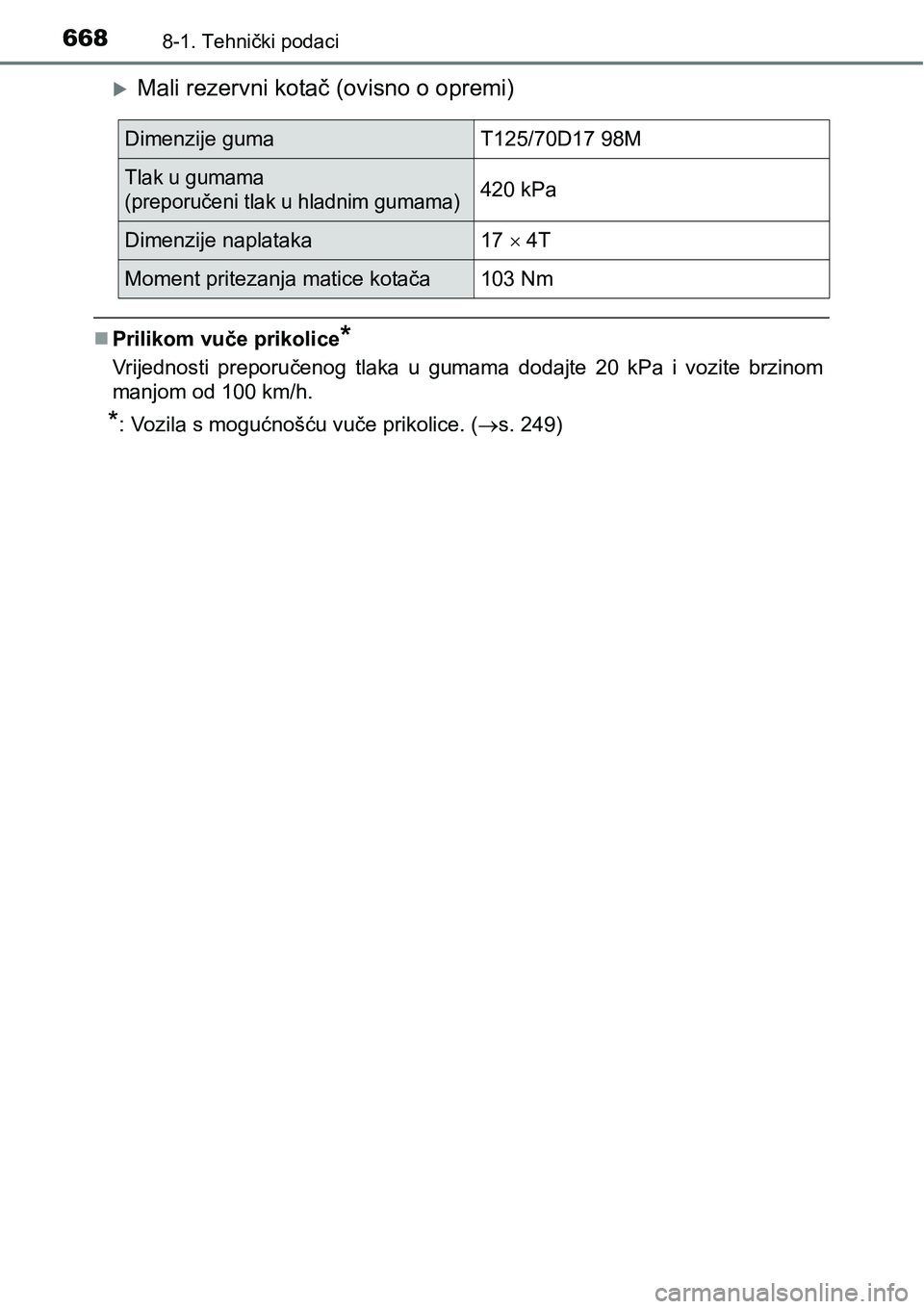 TOYOTA PRIUS 2017  Upute Za Rukovanje (in Croatian) 6688-1. Tehnički podaci
Mali rezervni kotač (ovisno o opremi)
Prilikom vuče prikolice*
Vrijednosti preporučenog tlaka u gumama dodajte 20 kPa i vozite brzinom
manjom od 100 km/h.
*: Vozila s