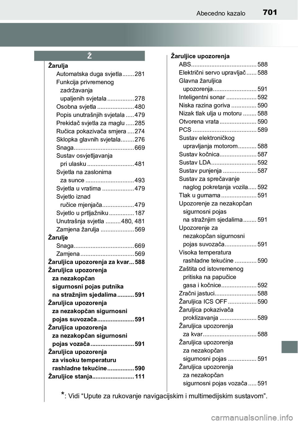 TOYOTA PRIUS 2017  Upute Za Rukovanje (in Croatian) 701Abecedno kazalo
Žarulja
Automatska duga svjetla ....... 281
Funkcija privremenog 
zadržavanja 
upaljenih svjetala ................ 278
Osobna svjetla ...................... 480
Popis unutrašnjih