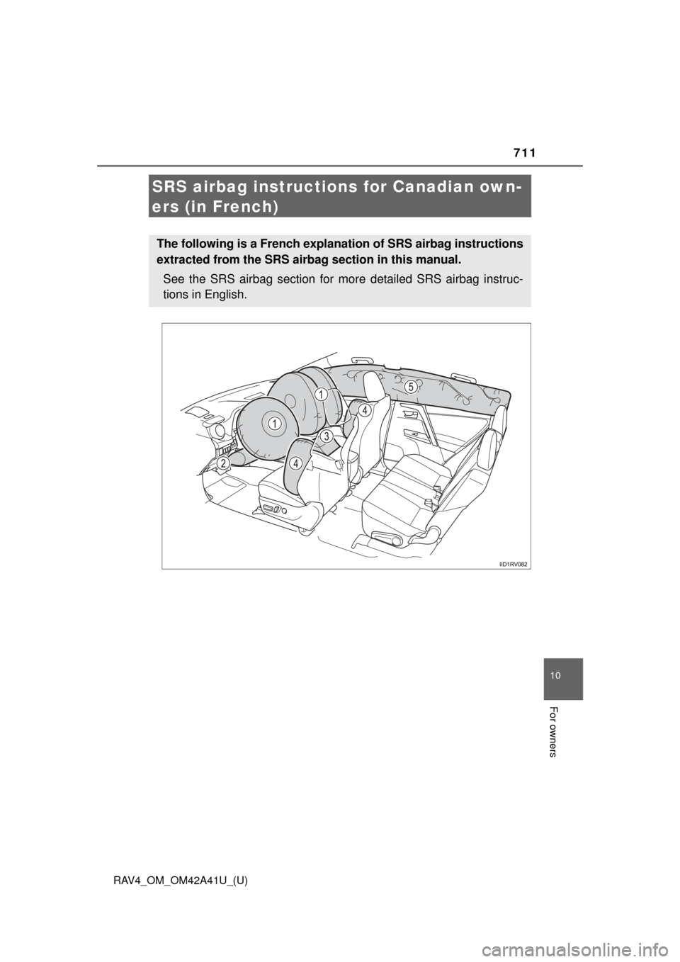 TOYOTA RAV4 2016 XA40 / 4.G Owners Manual 711
RAV4_OM_OM42A41U_(U)
10
For owners
SRS airbag instructions for Canadian own-
ers (in French)
The following is a French explanation of SRS airbag instructions
extracted from the SRS airbag section 