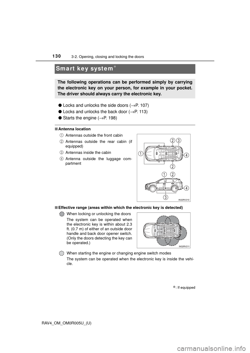 TOYOTA RAV4 2017 XA40 / 4.G Owners Manual 130
RAV4_OM_OM0R005U_(U)
3-2. Opening, closing and locking the doors
Smart key system∗
●Locks and unlocks the side doors ( →P. 107)
● Locks and unlocks the back door ( →P. 113)
● Starts th TOYOTA RAV4 2017 XA40 / 4.G Owners Manual 130
RAV4_OM_OM0R005U_(U)
3-2. Opening, closing and locking the doors
Smart key system∗
●Locks and unlocks the side doors ( →P. 107)
● Locks and unlocks the back door ( →P. 113)
● Starts th