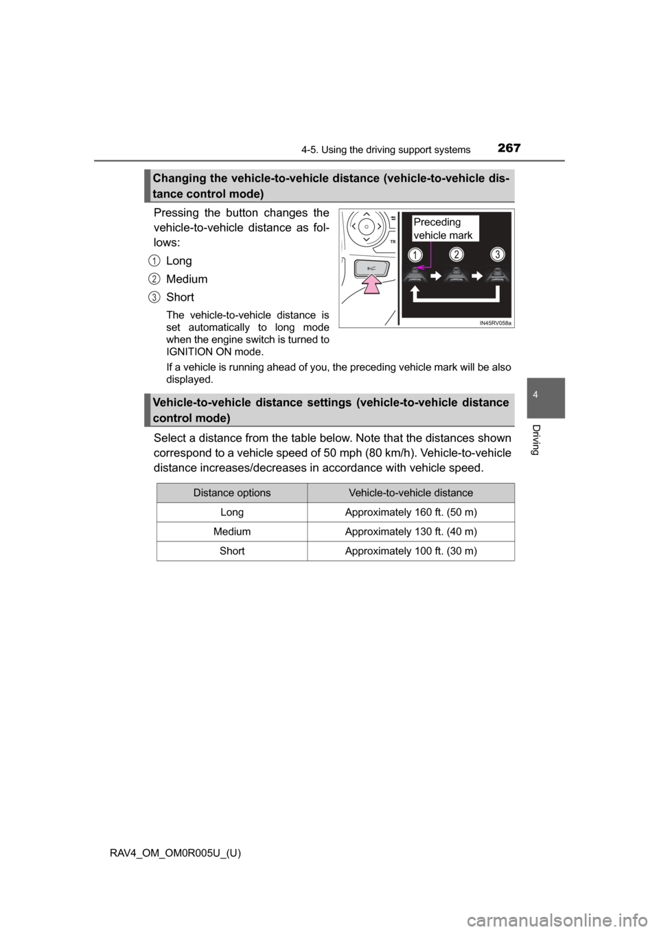 TOYOTA RAV4 2017 XA40 / 4.G Owners Manual RAV4_OM_OM0R005U_(U)
2674-5. Using the driving support systems
4
Driving
Pressing the button changes the
vehicle-to-vehicle distance as fol-
lows:Long
Medium
Short
The vehicle-to-vehicle distance is
s