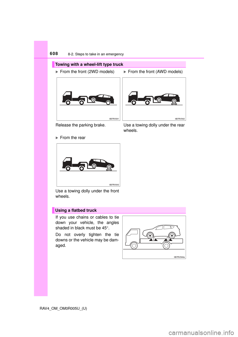 TOYOTA RAV4 2017 XA40 / 4.G Owners Manual 6088-2. Steps to take in an emergency
RAV4_OM_OM0R005U_(U)
If you use chains or cables to tie
down your vehicle, the angles
shaded in black must be 45°.
Do not overly tighten the tie
downs or the veh