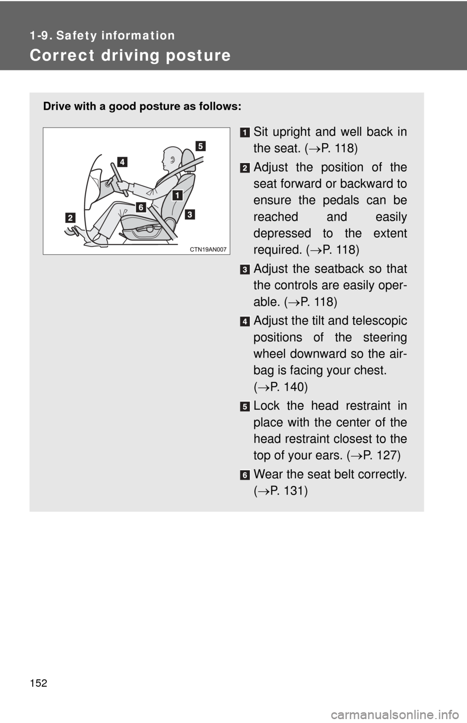 TOYOTA RAV4 EV 2012 1.G Owners Manual 152
1-9. Safety information
Correct driving posture
Drive with a good posture as follows:
Sit upright and well back in
the seat. (P. 118)
Adjust the position of the
seat forward or backward to
ensu