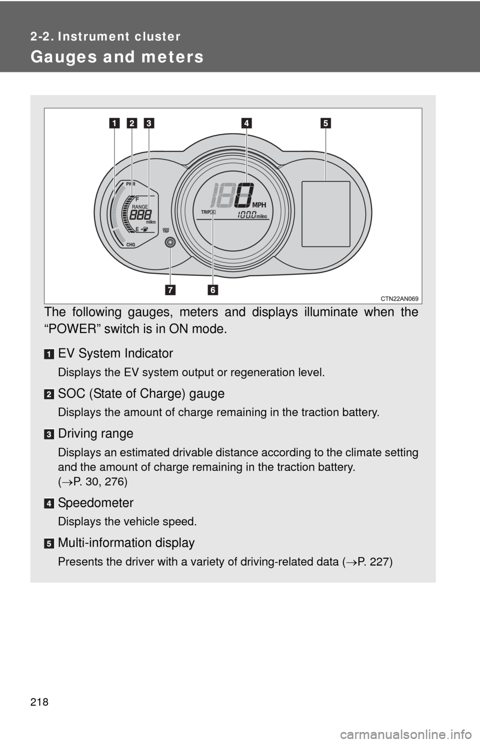 TOYOTA RAV4 EV 2012 1.G Owners Manual 218
2-2. Instrument cluster
Gauges and meters
The following gauges, meters and displays illuminate when the
“POWER” switch is in ON mode.EV System Indicator
Displays the EV system output or regene