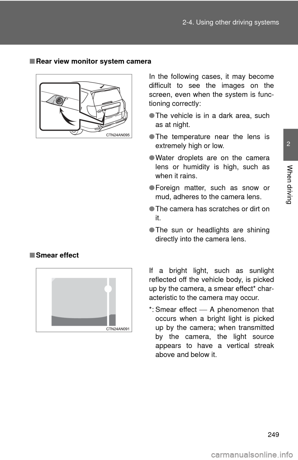 TOYOTA RAV4 EV 2012 1.G Owners Manual 249
2-4. Using other 
driving systems
2
When driving
■Rear view monitor system camera
■ Smear effect
In the following cases, it may become
difficult to see the images on the
screen, even when the 