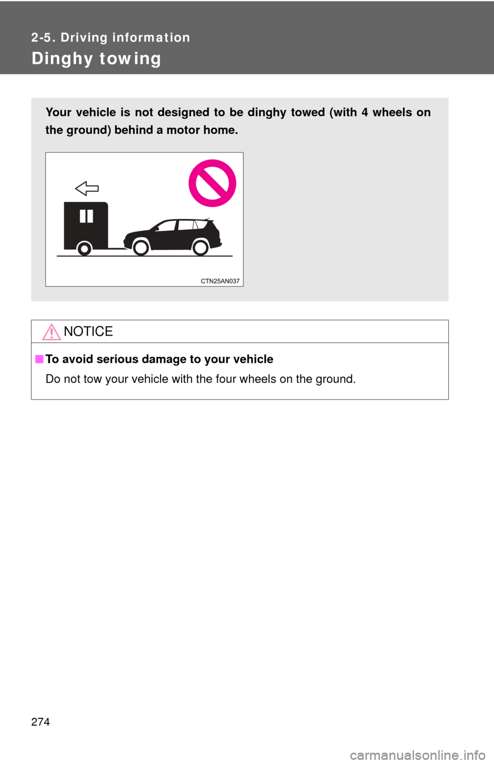 TOYOTA RAV4 EV 2012 1.G Owners Manual 274
2-5. Driving information
Dinghy towing
NOTICE
■To avoid serious damage to your vehicle
Do not tow your vehicle with the four wheels on the ground.
Your vehicle is not designed to be dinghy towed