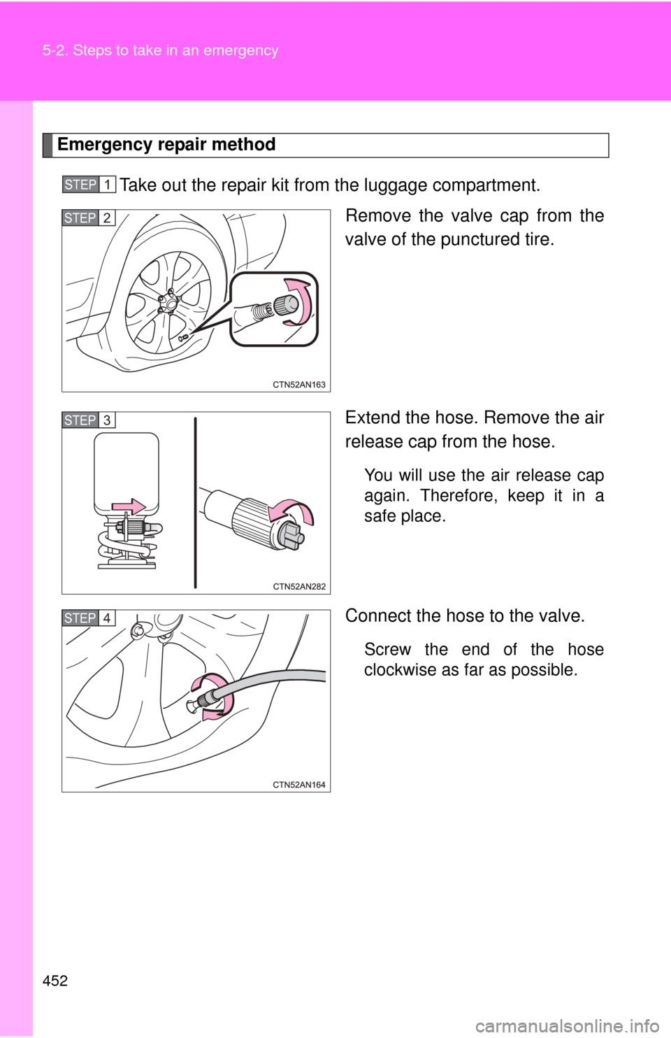 TOYOTA RAV4 EV 2012 1.G Owners Manual 452 5-2. Steps to take in an emergency
Emergency repair methodTake out the repair kit from the luggage compartment. Remove the valve cap from the
valve of the punctured tire.
Extend the hose. Remove t