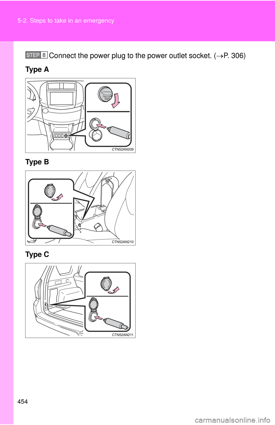 TOYOTA RAV4 EV 2012 1.G Owners Manual 454 5-2. Steps to take in an emergency
Connect the power plug to the power outlet socket. (P. 306) 
Ty p e  A
Ty p e  B
Ty p e  CSTEP 8  
