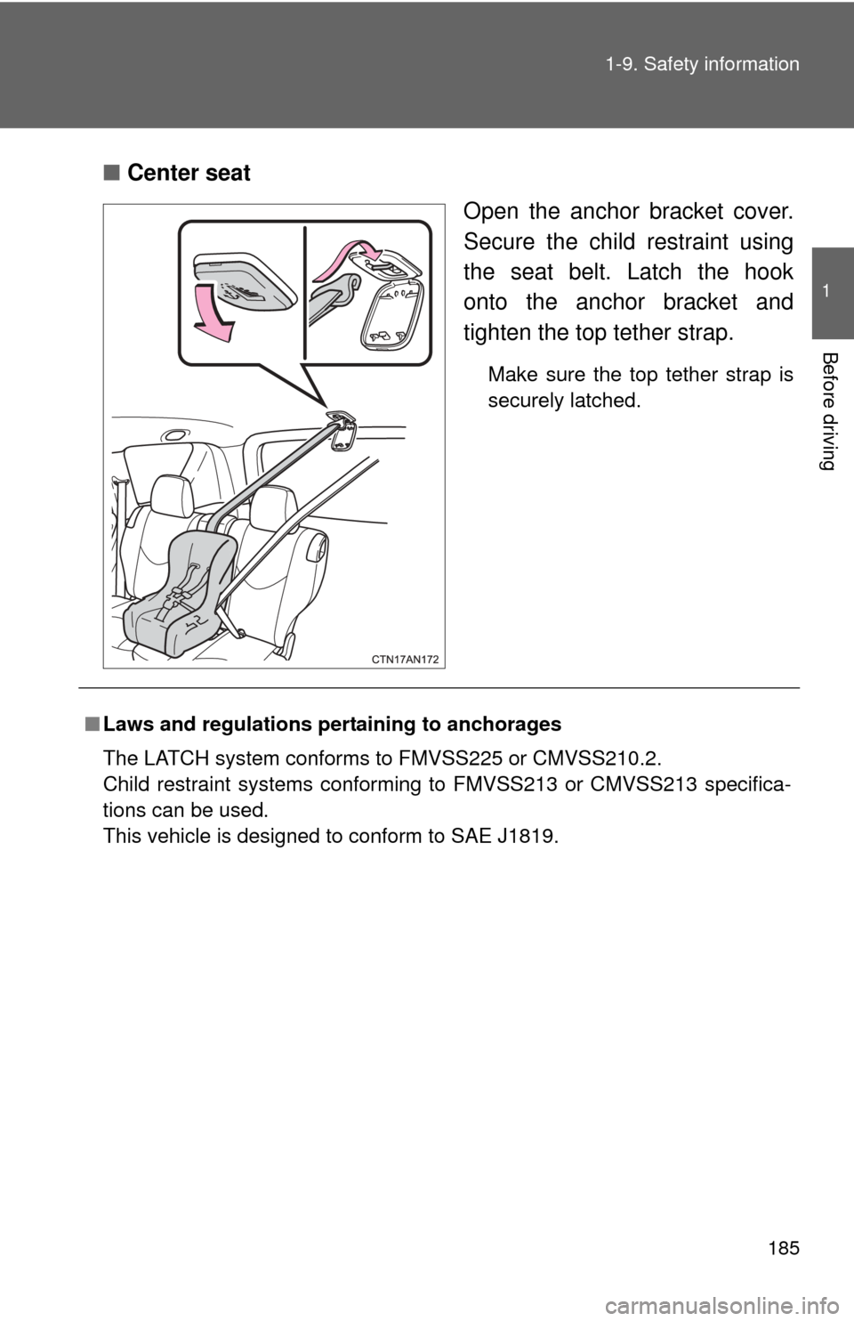 TOYOTA RAV4 EV 2013 1.G Owners Manual 185
1-9. Safety information
1
Before driving
■
Center seat
Open the anchor bracket cover.
Secure the child restraint using
the seat belt. Latch the hook
onto the anchor bracket and
tighten the top t