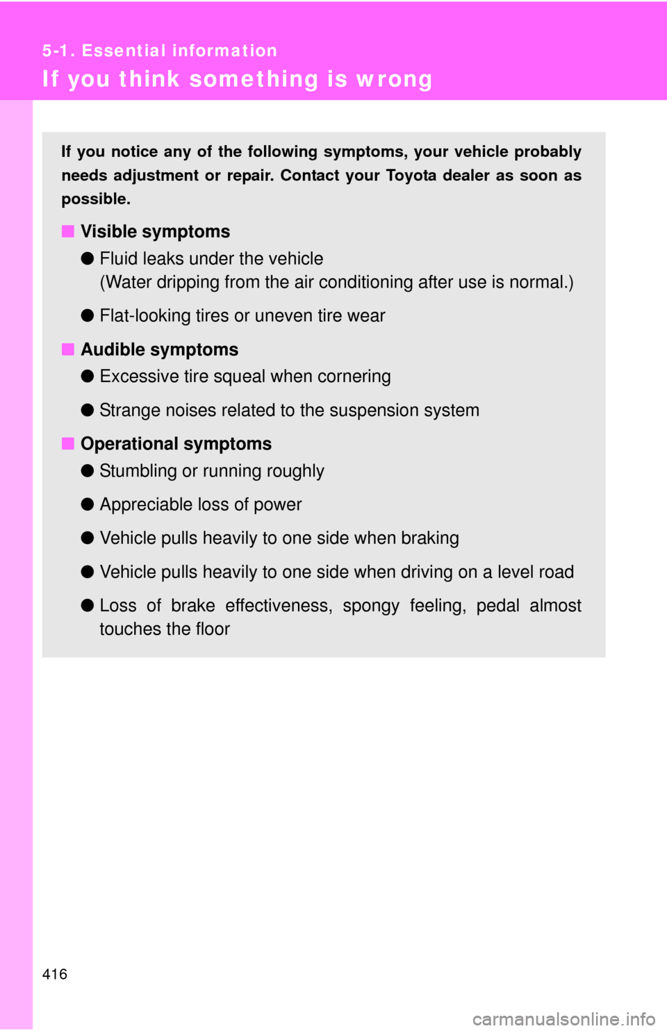 TOYOTA RAV4 EV 2013 1.G Owners Manual 416
5-1. Essential information
If you think something is wrong
If you notice any of the following symptoms, your vehicle probably
needs adjustment or repair. Contact your Toyota dealer as soon as
poss