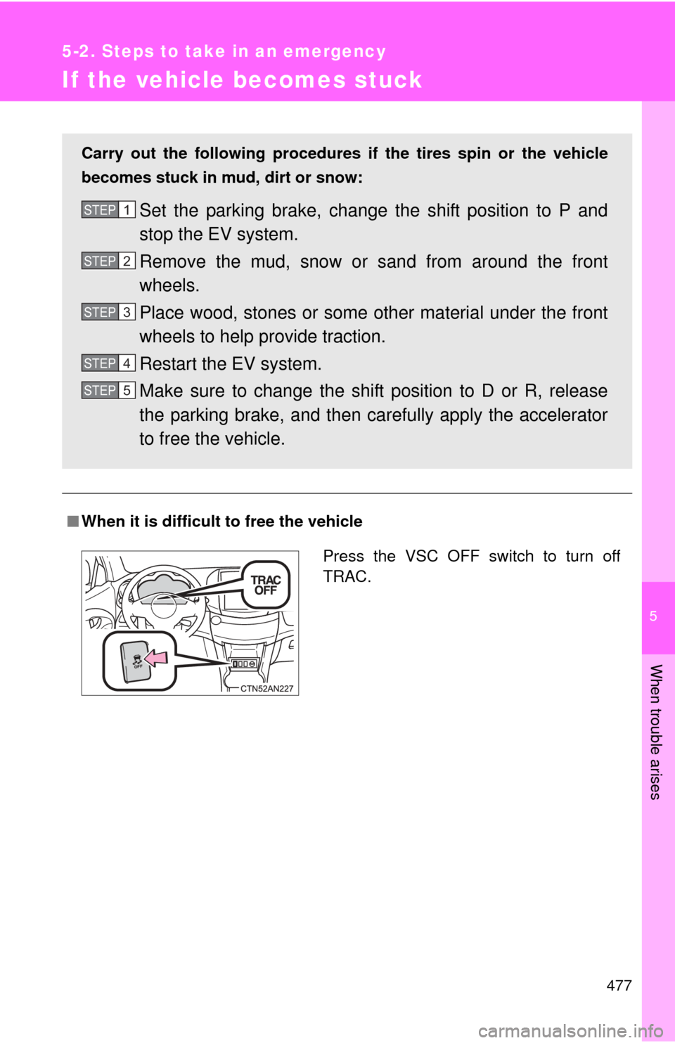 TOYOTA RAV4 EV 2014 1.G Owners Manual 5
When trouble arises
477
5-2. Steps to take in an emergency
If the vehicle becomes stuck
■When it is difficult to free the vehicle
Carry out the following procedures if the tires spin or the vehicl
