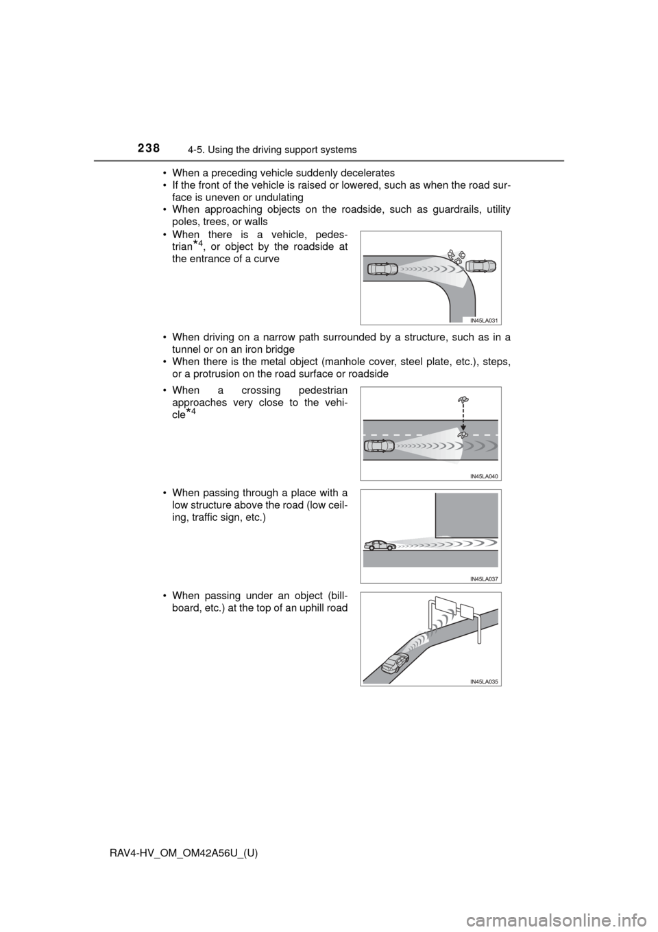 TOYOTA RAV4 HYBRID 2016 XA40 / 4.G Owners Manual 238
RAV4-HV_OM_OM42A56U_(U)
4-5. Using the driving support systems
• When a preceding vehicle suddenly decelerates
• If the front of the vehicle is raised or lowered, such as when the road sur-
fa