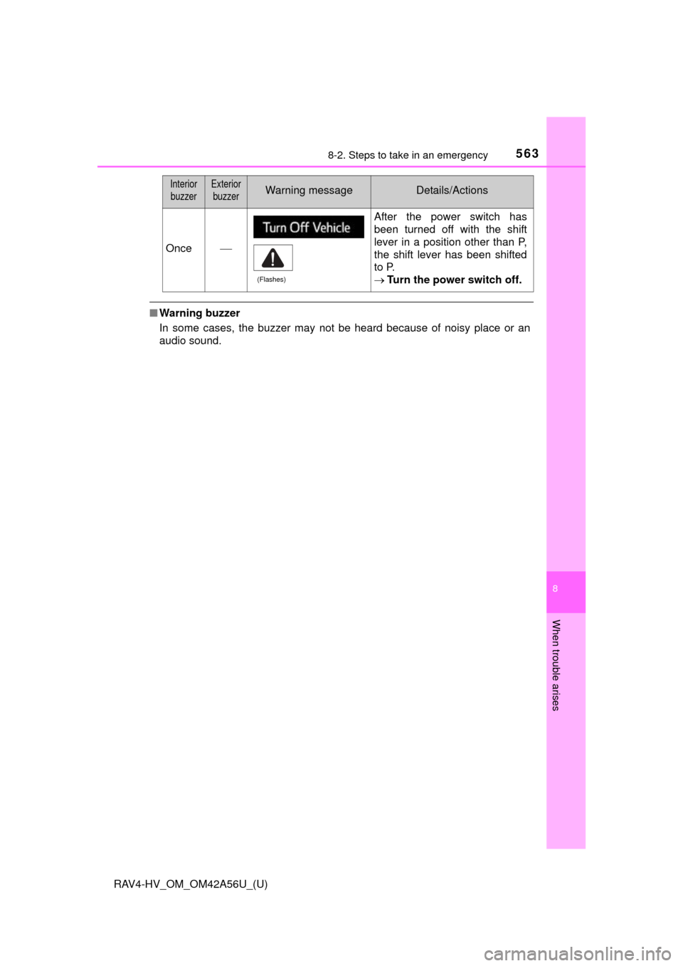 TOYOTA RAV4 HYBRID 2016 XA40 / 4.G Owners Manual 5638-2. Steps to take in an emergency
RAV4-HV_OM_OM42A56U_(U)
8
When trouble arises
■Warning buzzer
In some cases, the buzzer may not be heard because of noisy place or an
audio sound.
Once
After