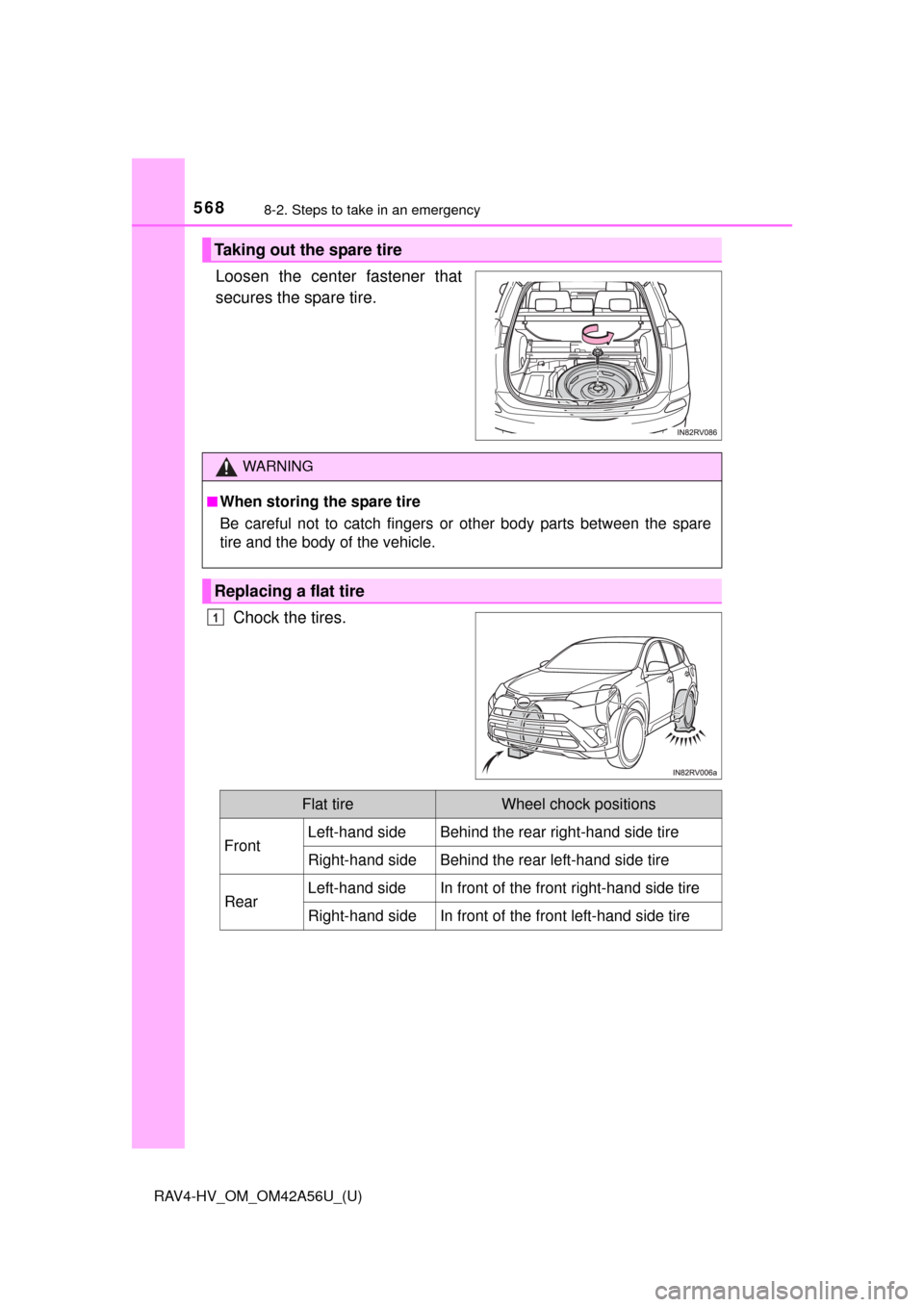 TOYOTA RAV4 HYBRID 2016 XA40 / 4.G Owners Manual 5688-2. Steps to take in an emergency
RAV4-HV_OM_OM42A56U_(U)
Loosen the center fastener that
secures the spare tire.Chock the tires.
Taking out the spare tire
WARNING
■When storing the spare tire
B