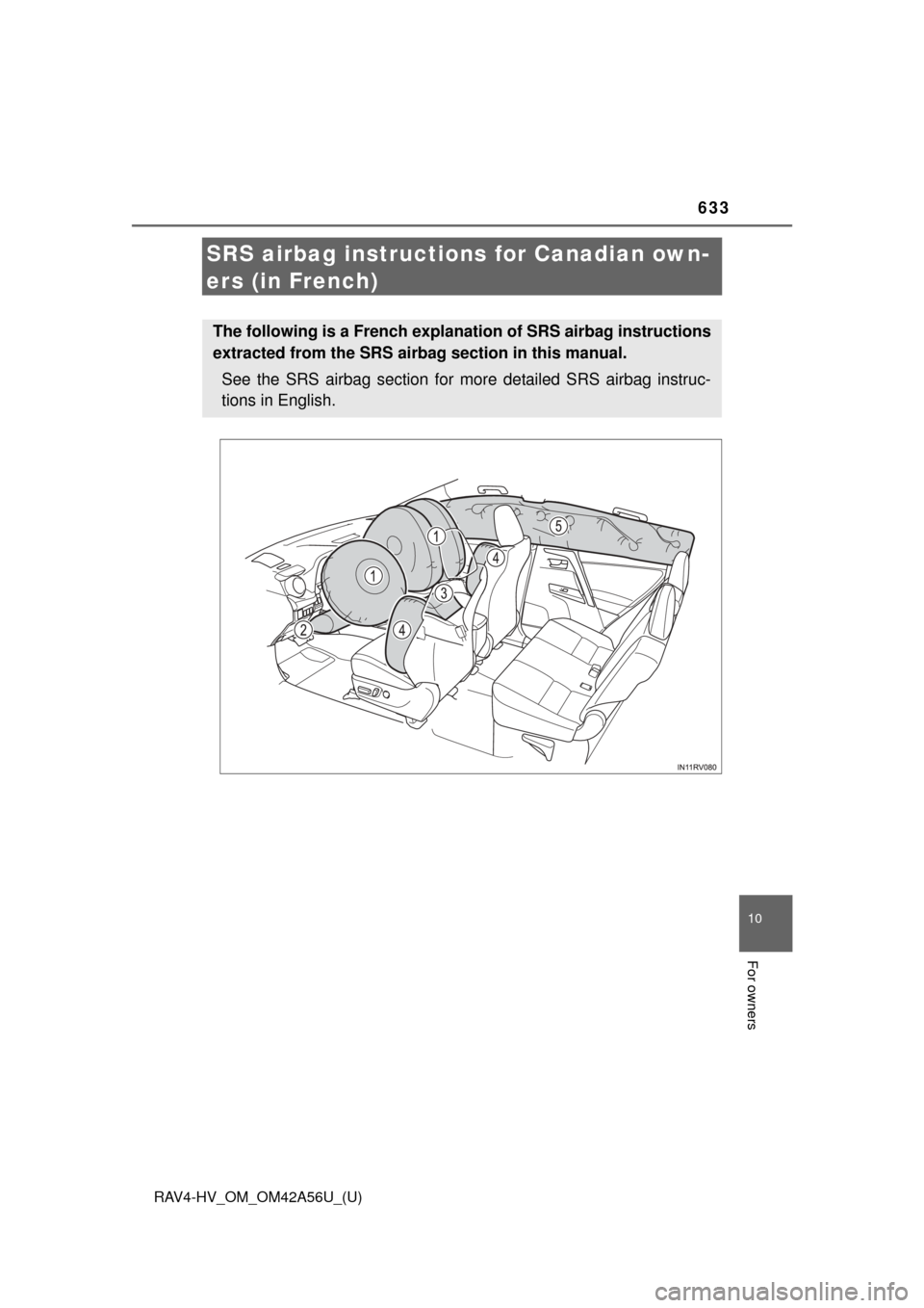 TOYOTA RAV4 HYBRID 2016 XA40 / 4.G Owners Manual 633
RAV4-HV_OM_OM42A56U_(U)
10
For owners
SRS airbag instructions for Canadian own-
ers (in French)
The following is a French explanation of SRS airbag instructions
extracted from the SRS airbag secti