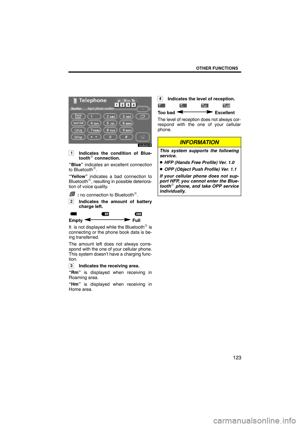 TOYOTA SEQUOIA 2008 2.G Navigation Manual OTHER FUNCTIONS
123
5U5021F
1Indicates the condition of Blue-
tooth connection.
“Blue” indicates an excellent connection
to Bluetooth
.
“Yellow” indicates a bad connection to
Bluetooth
, re TOYOTA SEQUOIA 2008 2.G Navigation Manual OTHER FUNCTIONS
123
5U5021F
1Indicates the condition of Blue-
tooth connection.
“Blue” indicates an excellent connection
to Bluetooth
.
“Yellow” indicates a bad connection to
Bluetooth
, re