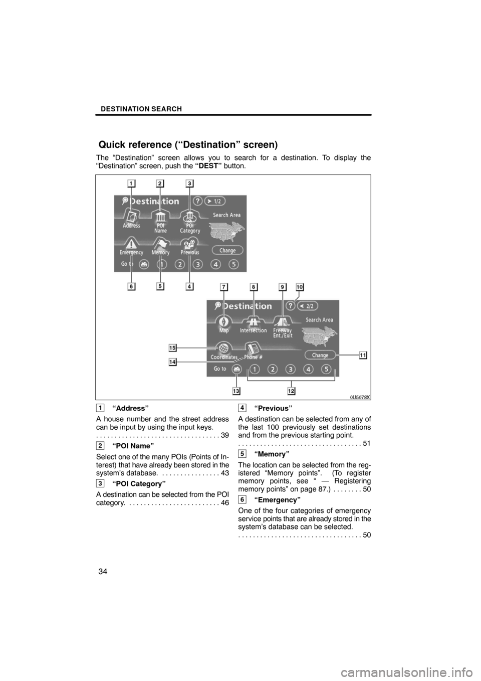 TOYOTA SEQUOIA 2008 2.G Navigation Manual DESTINATION SEARCH
34
The “Destination” screen allows you to search for a destination. To display the
“Destination” screen, push the “DEST” button.
0U5078X
1“Address”
A house number an TOYOTA SEQUOIA 2008 2.G Navigation Manual DESTINATION SEARCH
34
The “Destination” screen allows you to search for a destination. To display the
“Destination” screen, push the “DEST” button.
0U5078X
1“Address”
A house number an