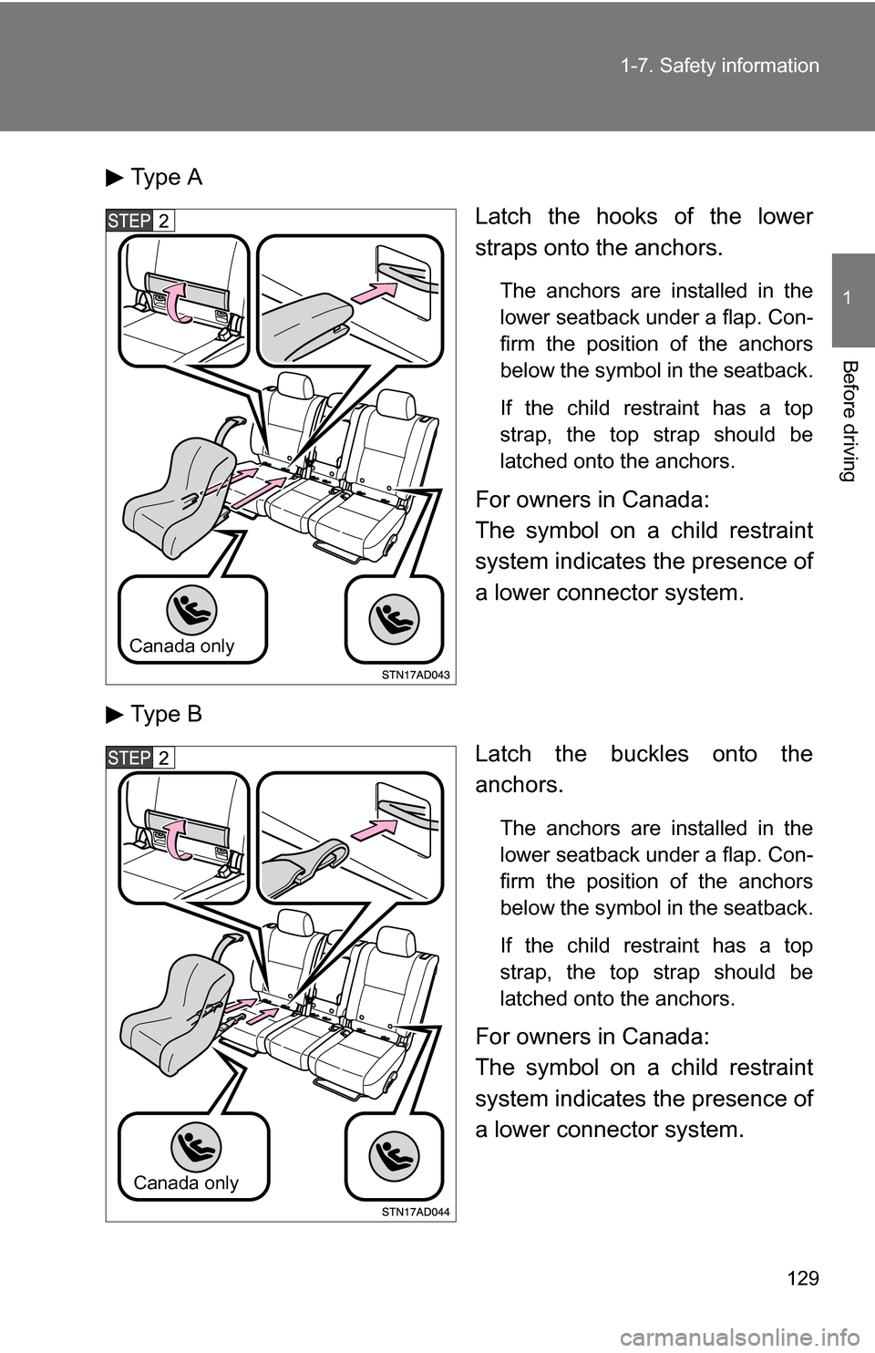TOYOTA SEQUOIA 2008 2.G Owners Manual 129
1-7. Safety information
1
Before driving
Type A
Latch the hooks of the lower
straps onto the anchors.
The anchors are installed in the
lower seatback under a flap. Con-
firm the position of the an