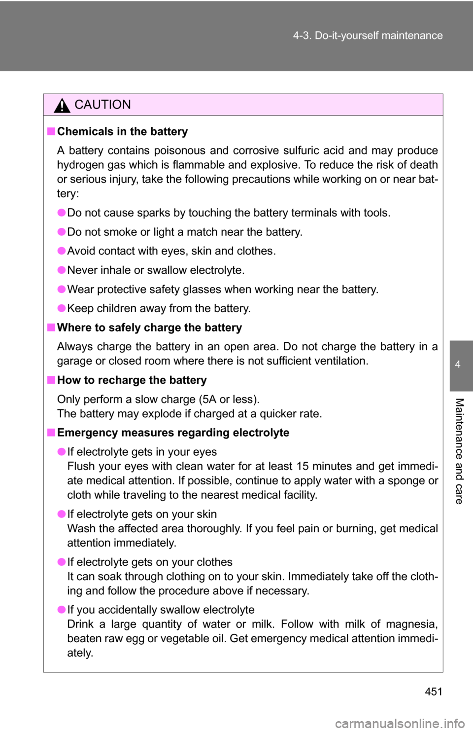 TOYOTA SEQUOIA 2008 2.G Owners Manual 451
4-3. Do-it-yourself maintenance
4
Maintenance and care
CAUTION
■
Chemicals in the battery
A battery contains poisonous and corrosive sulfuric acid and may produce
hydrogen gas which is flammable TOYOTA SEQUOIA 2008 2.G Owners Manual 451
4-3. Do-it-yourself maintenance
4
Maintenance and care
CAUTION
■
Chemicals in the battery
A battery contains poisonous and corrosive sulfuric acid and may produce
hydrogen gas which is flammable
