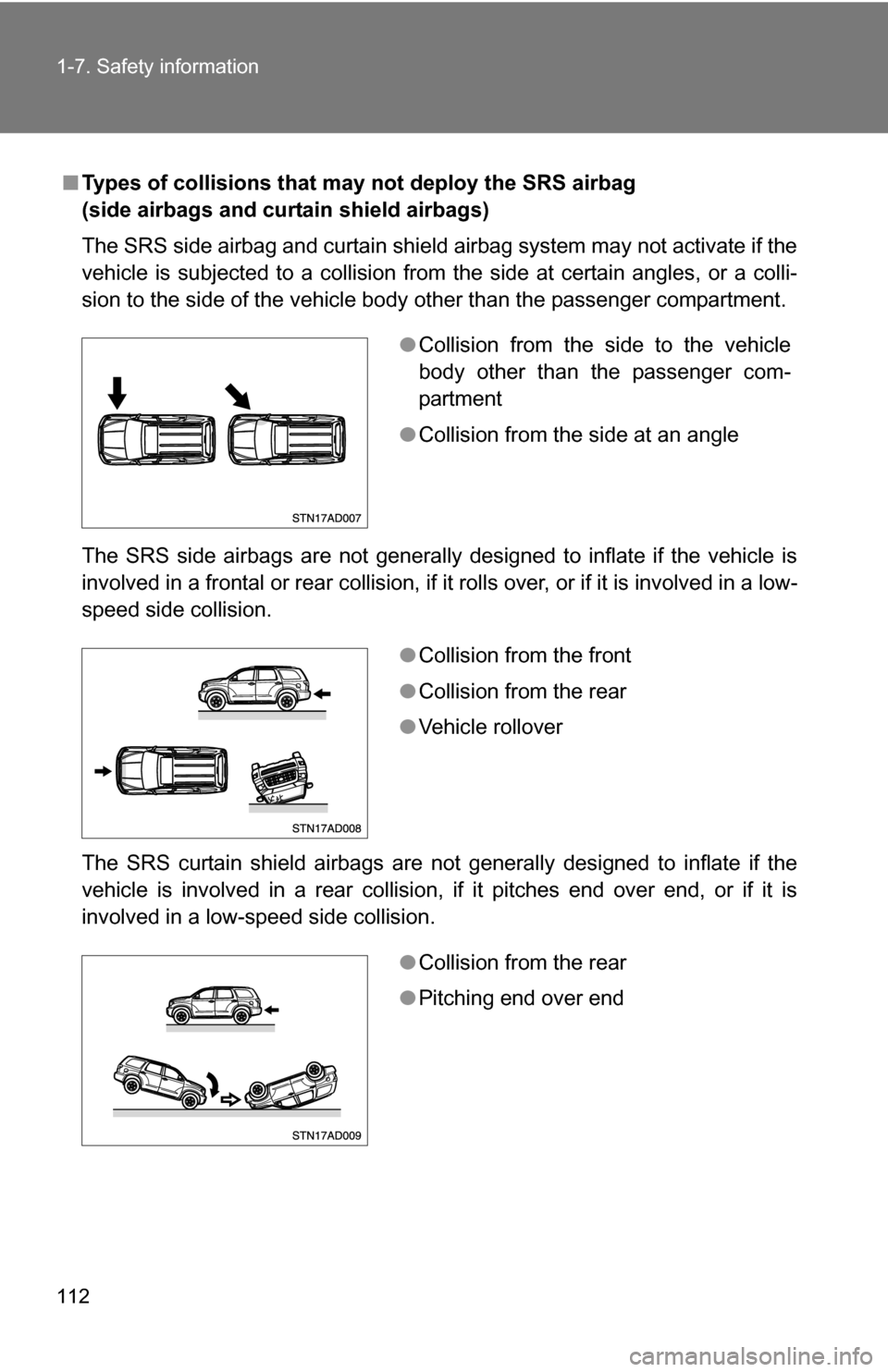 TOYOTA SEQUOIA 2009 2.G Owners Manual 112 1-7. Safety information
■Types of collisions that may not deploy the SRS airbag
(side airbags and curtain shield airbags)
The SRS side airbag and curtain shield airbag system may not activate i TOYOTA SEQUOIA 2009 2.G Owners Manual 112 1-7. Safety information
■Types of collisions that may not deploy the SRS airbag
(side airbags and curtain shield airbags)
The SRS side airbag and curtain shield airbag system may not activate i