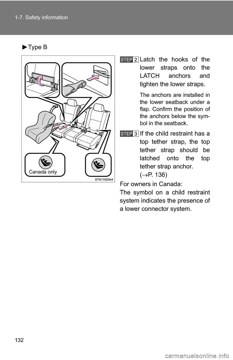 TOYOTA SEQUOIA 2009 2.G Owners Manual 132 1-7. Safety information
Type BLatch the hooks of the
lower straps onto the
LATCH anchors and
tighten the lower straps.
The anchors are installed in
the lower seatback under a
flap. Confirm the pos