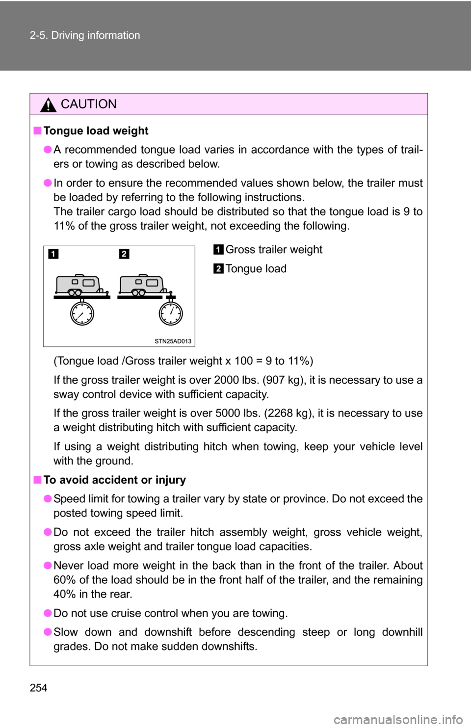 TOYOTA SEQUOIA 2009 2.G Owners Manual 254 2-5. Driving information
CAUTION
■Tongue load weight
●A recommended tongue load varies in accordance with the types of trail-
ers or towing as described below.
● In order to ensure the recom