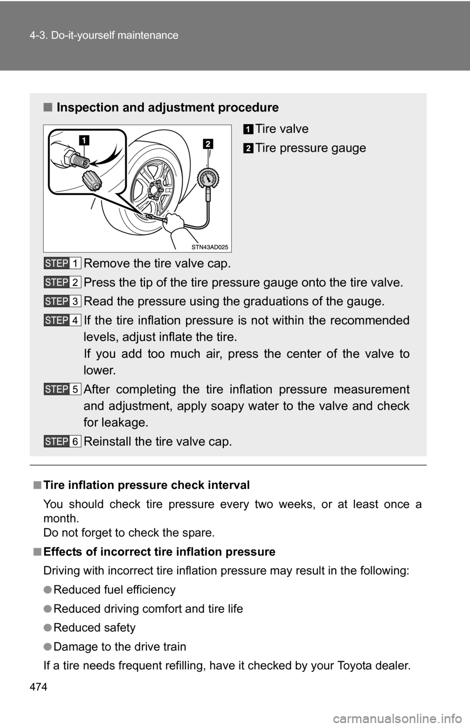 TOYOTA SEQUOIA 2009 2.G Owners Manual 474 4-3. Do-it-yourself maintenance
■Tire inflation pressure check interval
You should check tire pressure every two weeks, or at least once a
month.
Do not forget to check the spare.
■Effects of 