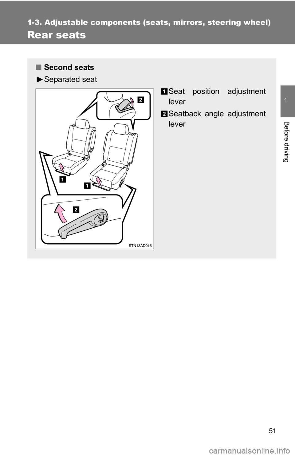 TOYOTA SEQUOIA 2009 2.G Owners Manual 51
1
1-3. Adjustable components (seats, mirrors, steering wheel)
Before driving
Rear seats
■Second seats
Separated seat
Seat position adjustment
lever
Seatback angle adjustment
lever 