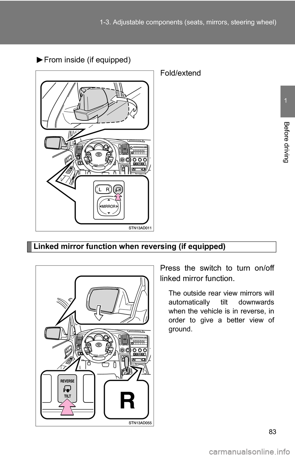TOYOTA SEQUOIA 2009 2.G Owners Manual 83
1-3. Adjustable components (s
eats, mirrors, steering wheel)
1
Before driving
From inside (if equipped)
Fold/extend
Linked mirror function when reversing (if equipped)
Press the switch to turn on/o