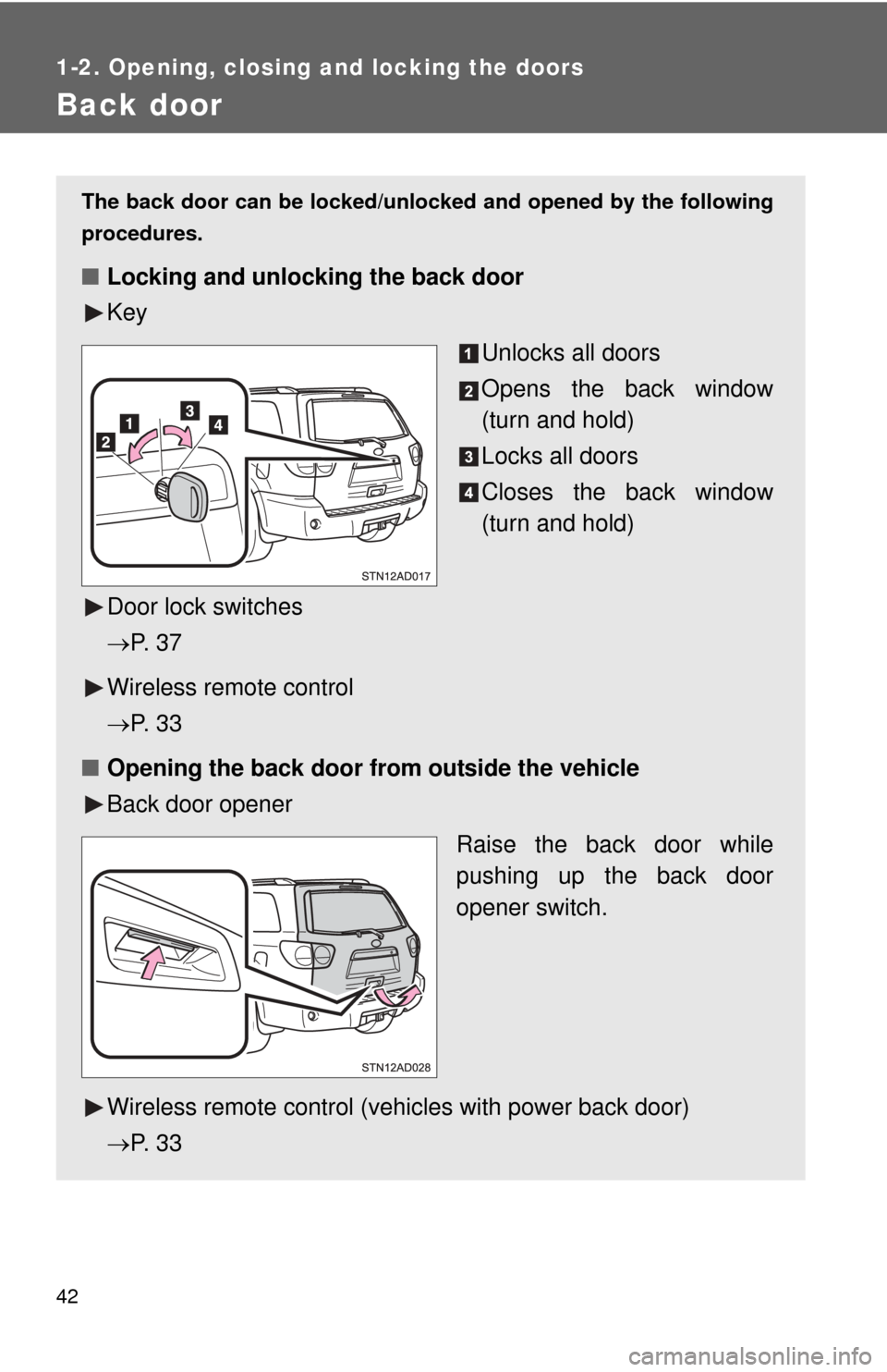 TOYOTA SEQUOIA 2011 2.G Owners Manual 42
1-2. Opening, closing and locking the doors
Back door
The back door can be locked/unlocked and opened by the following
procedures. 
■Locking and unlocking the back door
Key
Unlocks all doors
Open